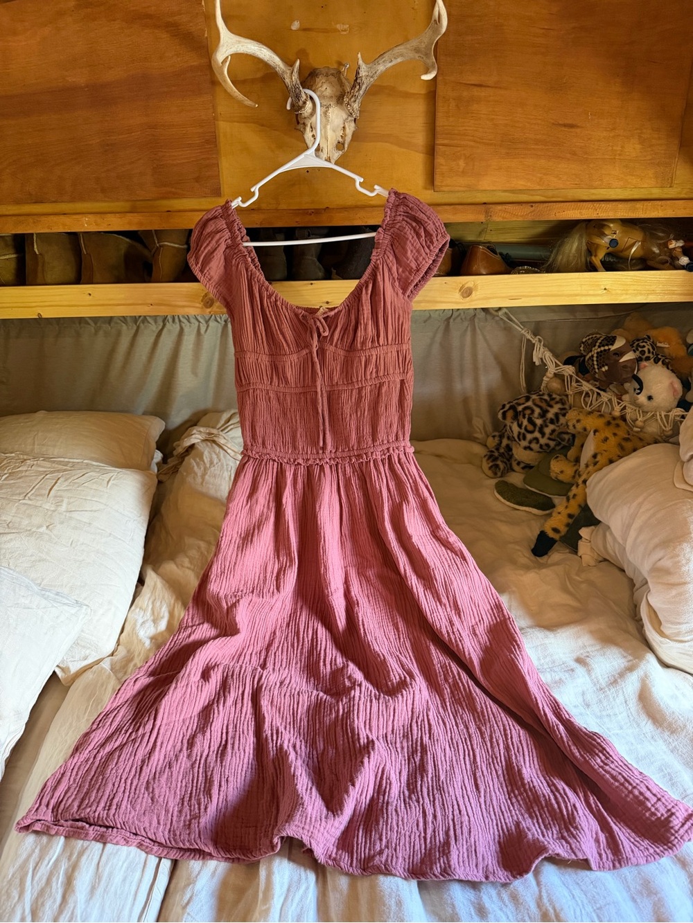 Women's Midi Dress in Dusty Rose - milkmaid cottagecore smocked 100% cotton